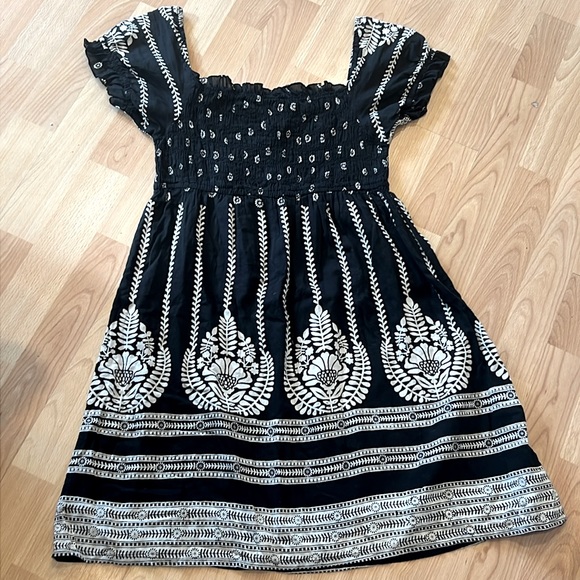 Womens Blue Plate 100% COTTON GAUZE BOHO Peasant Tunic Dress Medium Black white - Picture 1 of 4